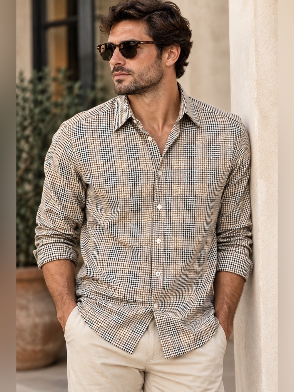 Bugatchi Beige and Black Micro-Check Casual Button-Down Shirt